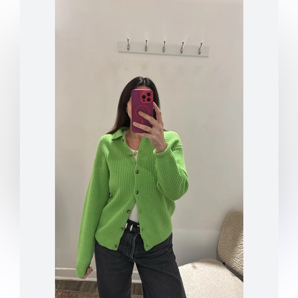 WILFRED CLAUDETTE LIME GREEN 100% MERINO WOOL CARDIGAN SMALL - Picture 2 of 7